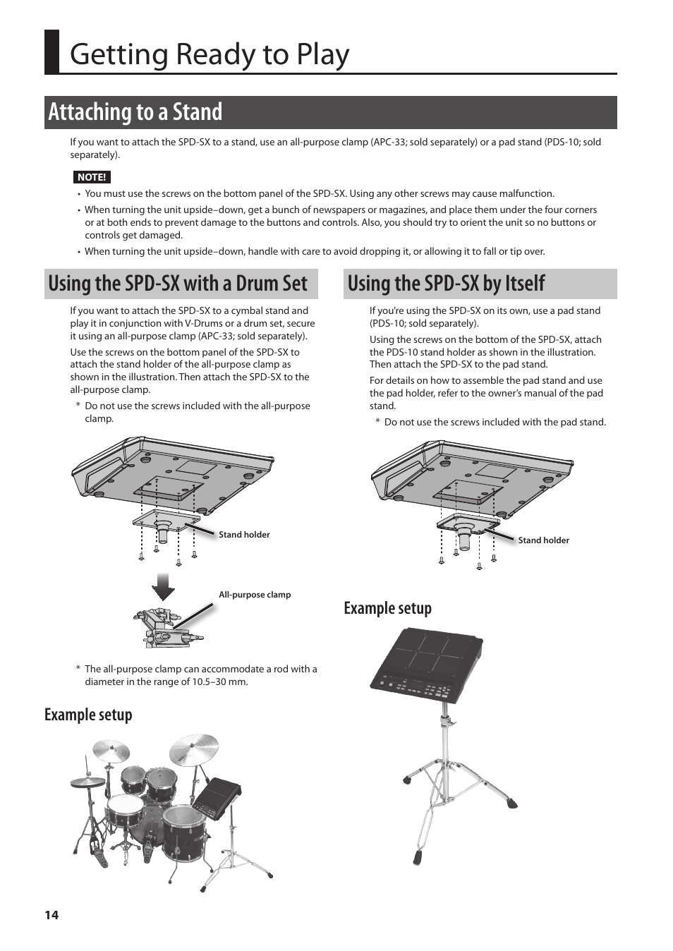 Getting ready to play, Attaching to a stand, Using the spd-sx with a drum set | Using the spd-sx by itself, Example setup | Roland SPD-SX Sampling Pad with 4GB Internal Memory (Black) User Manual | Page 14 / 80