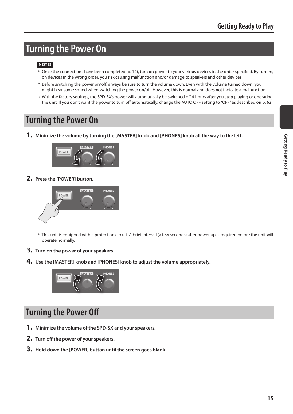 Turning the power on, Turning the power off, P. 15 | Getting ready to play | Roland SPD-SX Sampling Pad with 4GB Internal Memory (Black) User Manual | Page 15 / 80