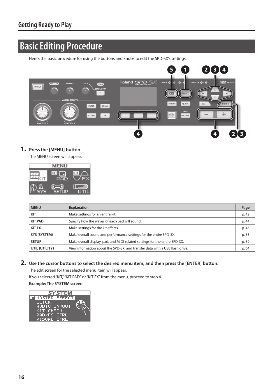 Basic editing procedure, P. 16, Getting ready to play | Roland SPD-SX Sampling Pad with 4GB Internal Memory (Black) User Manual | Page 16 / 80