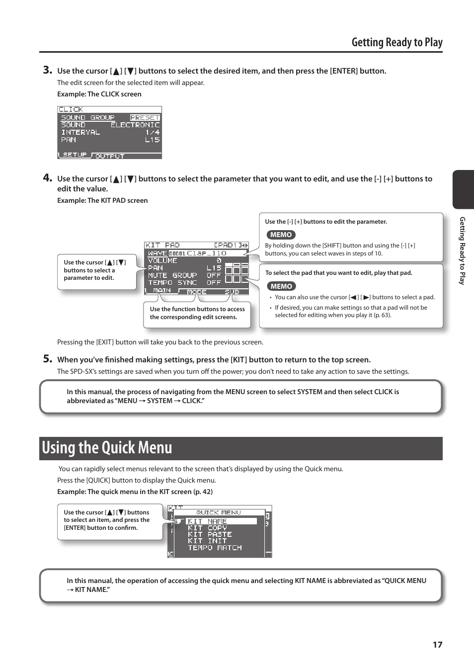 Using the quick menu, P. 17, Getting ready to play | Roland SPD-SX Sampling Pad with 4GB Internal Memory (Black) User Manual | Page 17 / 80