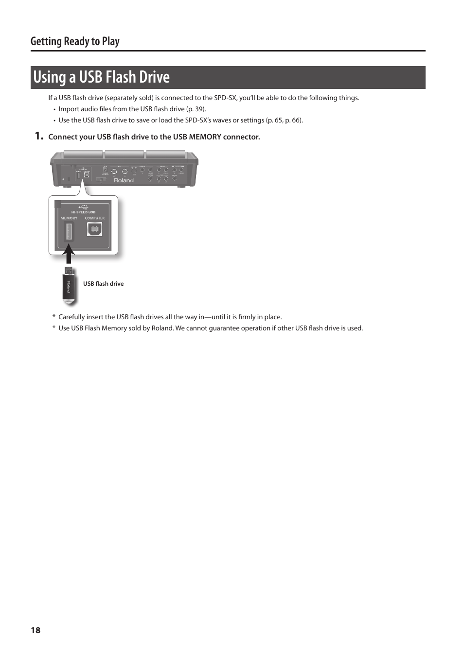 Using a usb flash drive, P. 18), Getting ready to play | Roland SPD-SX Sampling Pad with 4GB Internal Memory (Black) User Manual | Page 18 / 80