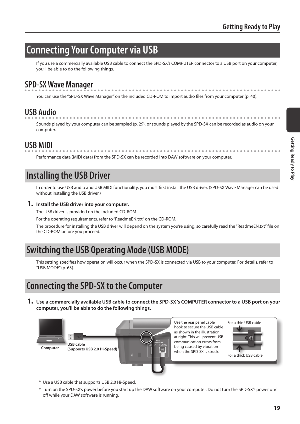 Connecting your computer via usb, Installing the usb driver, Switching the usb operating mode (usb mode) | Connecting the spd-sx to the computer, Switching the usb operating mode, Usb mode), P. 19), Spd-sx wave manager, Usb audio, Usb midi | Roland SPD-SX Sampling Pad with 4GB Internal Memory (Black) User Manual | Page 19 / 80
