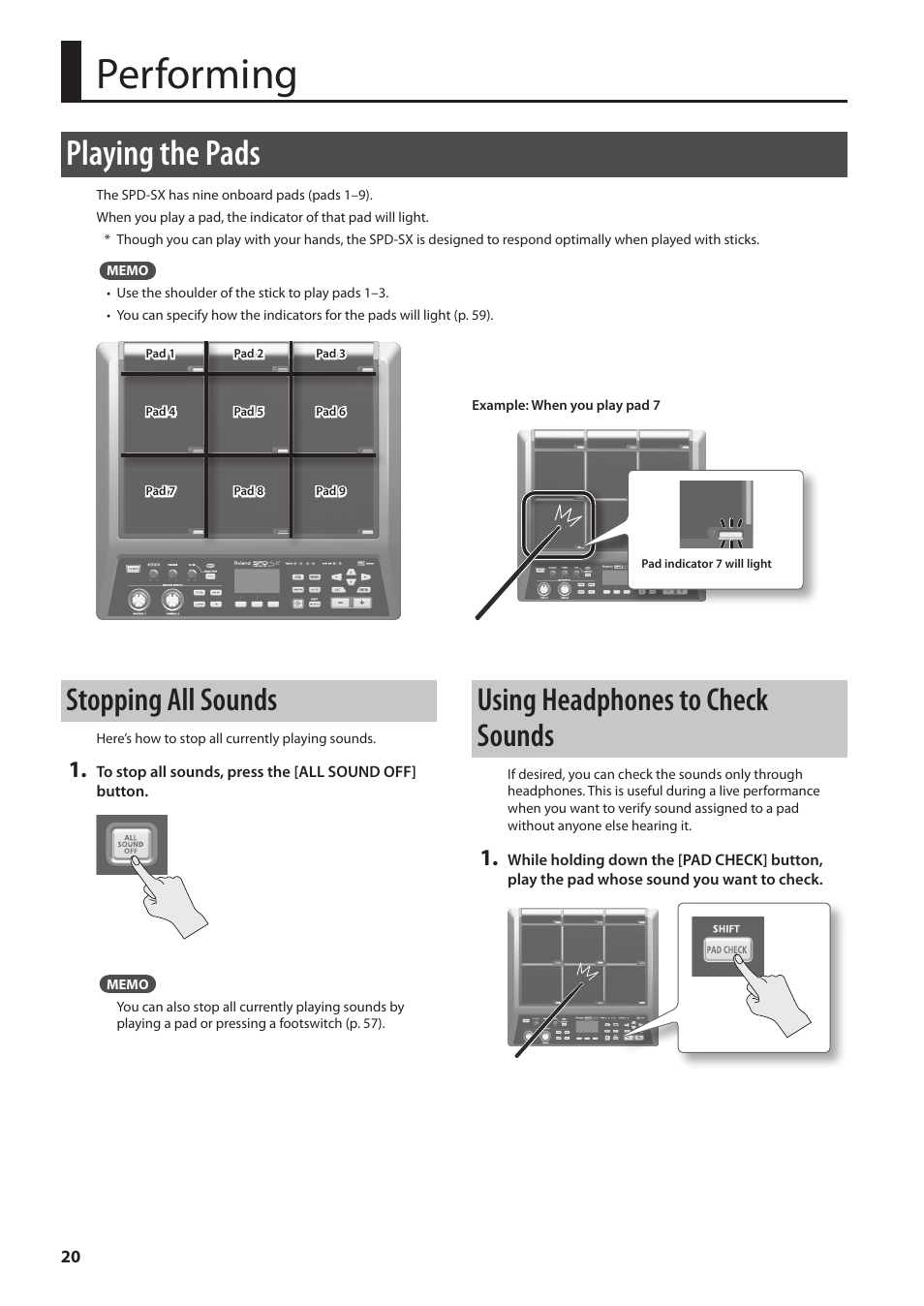 Performing, Playing the pads, Stopping all sounds | Using headphones to check sounds, P. 20 | Roland SPD-SX Sampling Pad with 4GB Internal Memory (Black) User Manual | Page 20 / 80