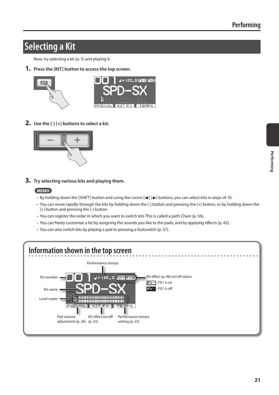 Selecting a kit, P. 21, Information shown in the top screen | Performing | Roland SPD-SX Sampling Pad with 4GB Internal Memory (Black) User Manual | Page 21 / 80