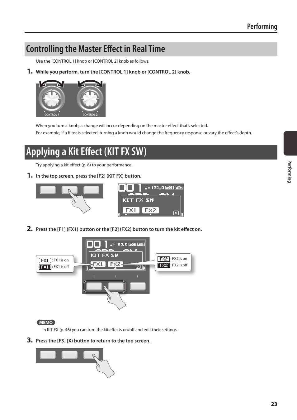Controlling the master effect in real time, Applying a kit effect (kit fx sw), P. 23 | P. 23), which can be used on a per, P. 23), Performing | Roland SPD-SX Sampling Pad with 4GB Internal Memory (Black) User Manual | Page 23 / 80