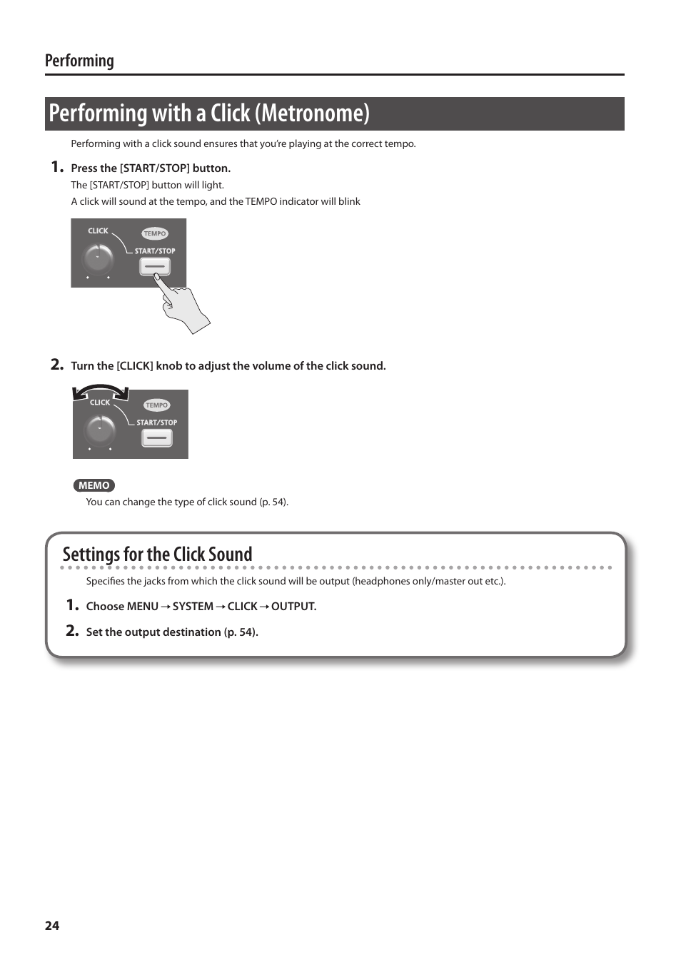 Performing with a click (metronome), P. 24, Settings for the click sound | Performing | Roland SPD-SX Sampling Pad with 4GB Internal Memory (Black) User Manual | Page 24 / 80