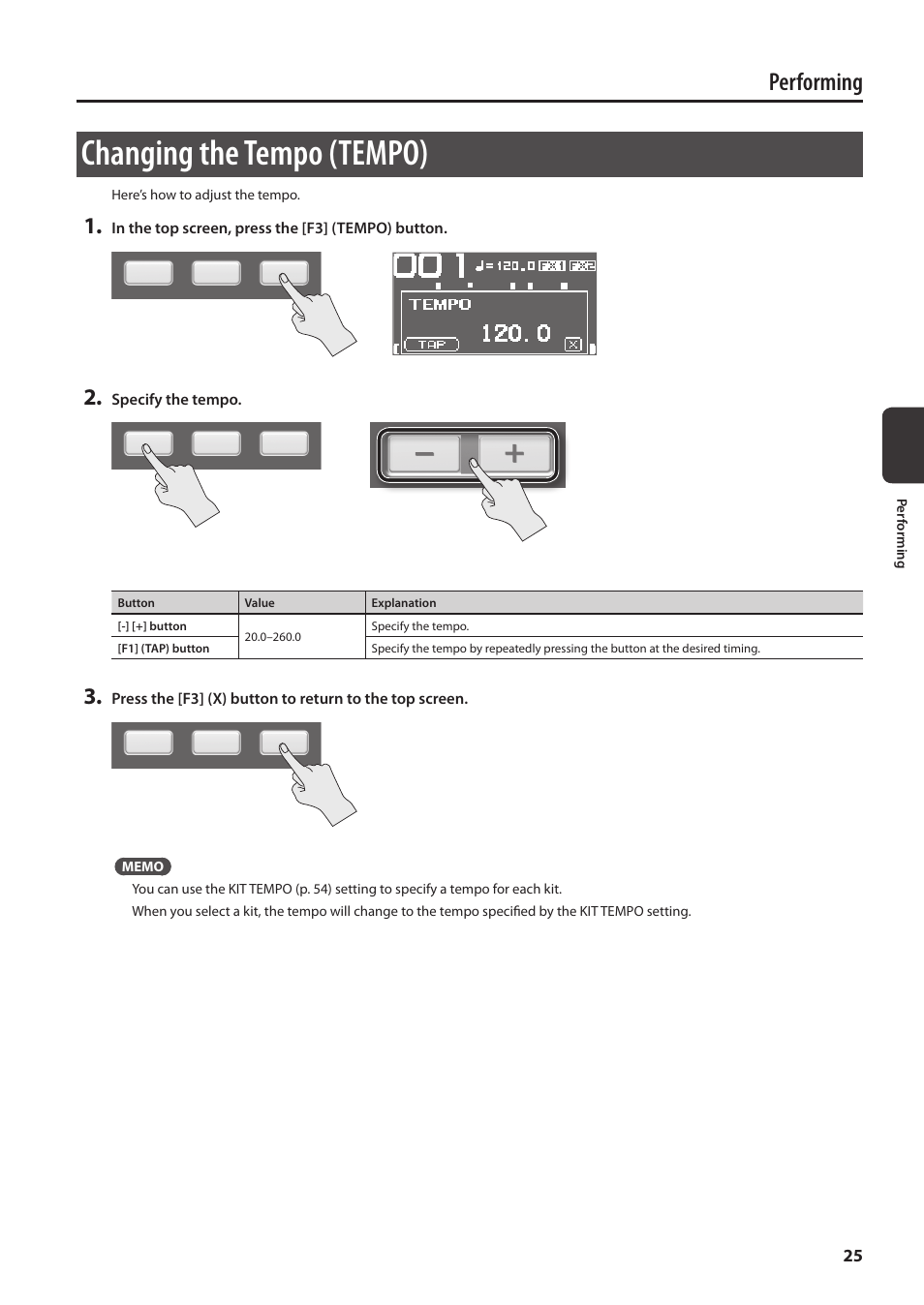 Changing the tempo (tempo), Setting (p. 25), Performing | Roland SPD-SX Sampling Pad with 4GB Internal Memory (Black) User Manual | Page 25 / 80