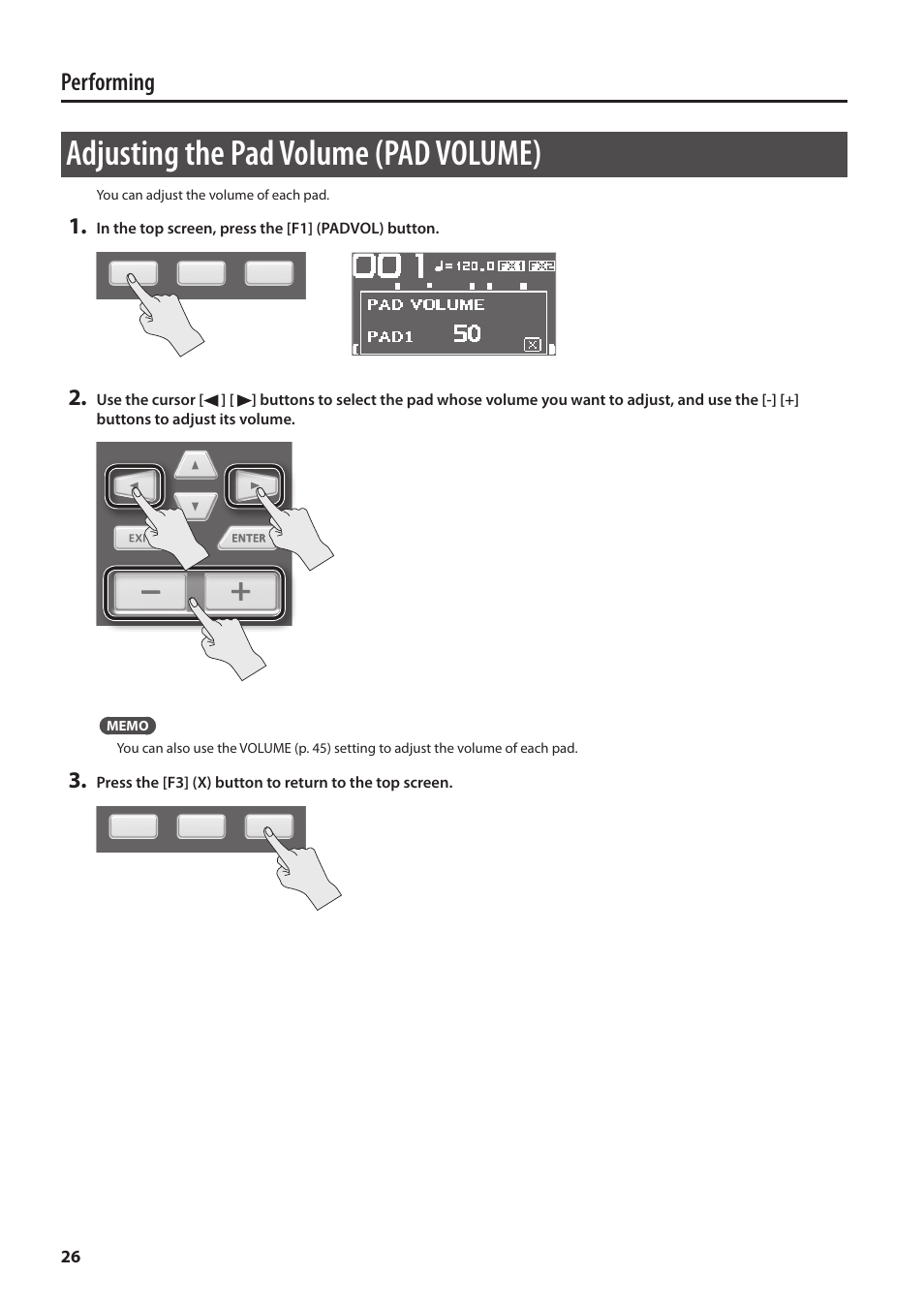 Adjusting the pad volume (pad volume), T (p. 26), Performing | Roland SPD-SX Sampling Pad with 4GB Internal Memory (Black) User Manual | Page 26 / 80