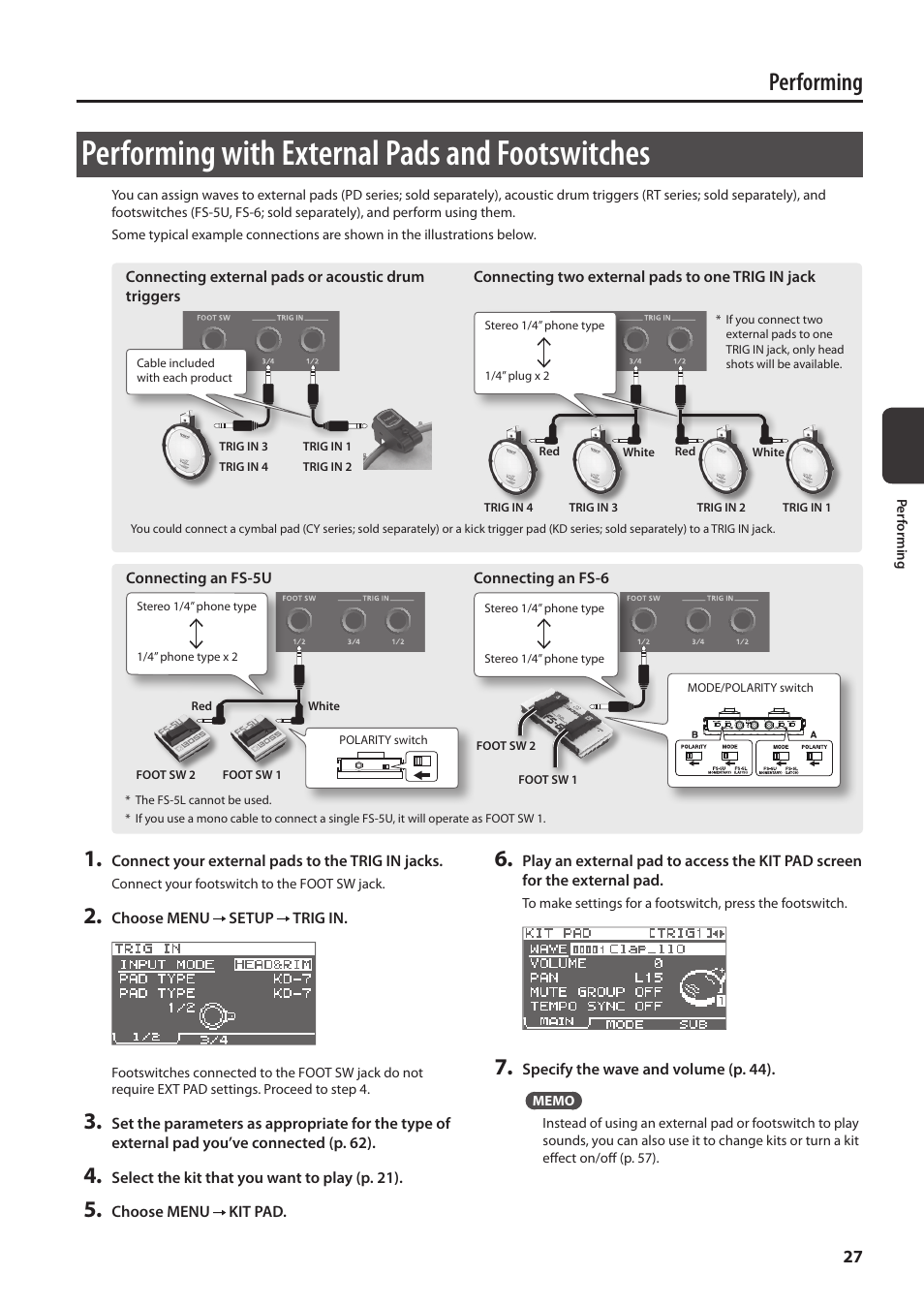 Performing with external pads and footswitches, P. 27, Y of things (p. 27, p | E (p. 27), Performing | Roland SPD-SX Sampling Pad with 4GB Internal Memory (Black) User Manual | Page 27 / 80