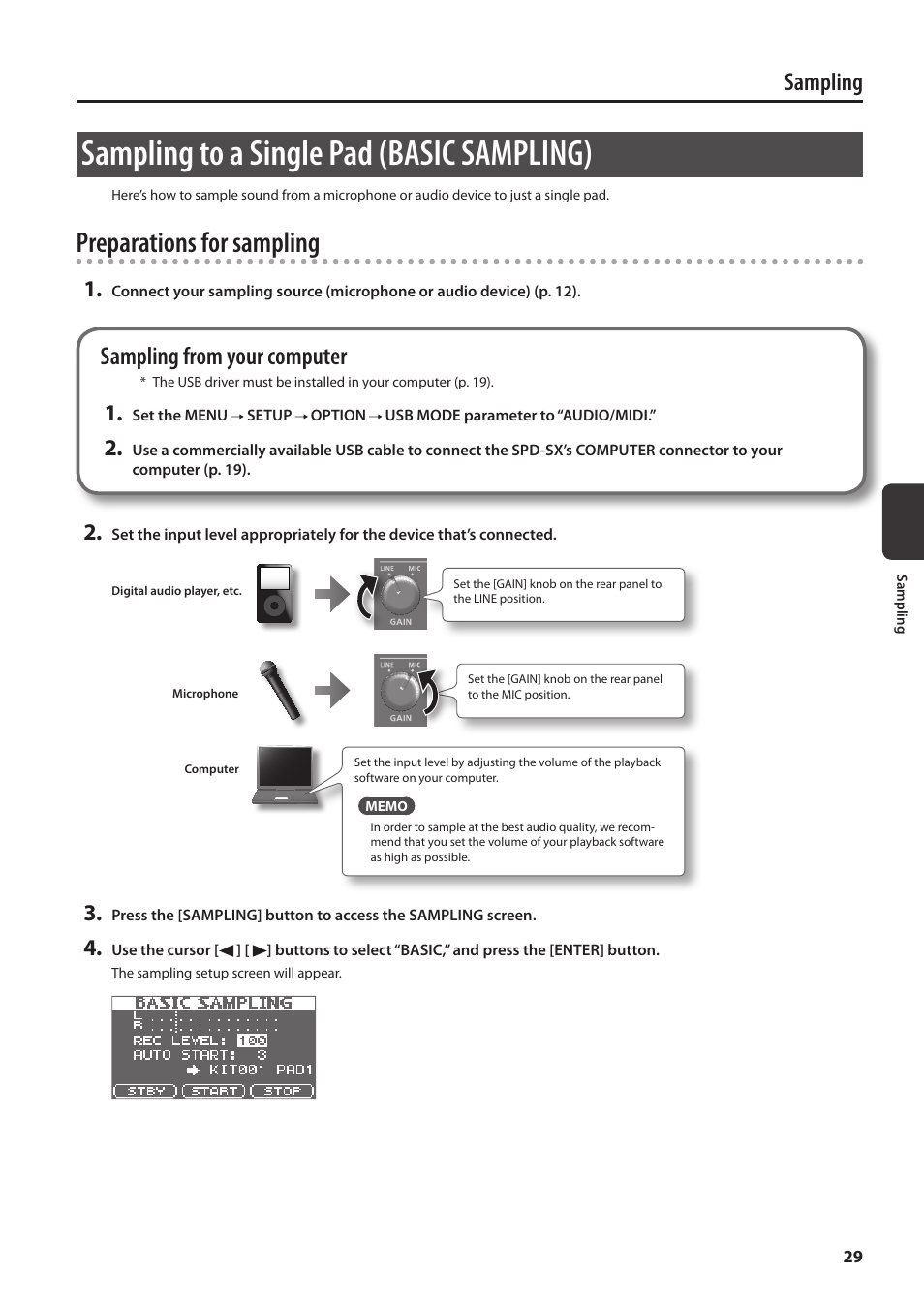 Sampling to a single pad (basic sampling), P. 29, Er (p. 29) | P. 29), Preparations for sampling, Sampling, Sampling from your computer | Roland SPD-SX Sampling Pad with 4GB Internal Memory (Black) User Manual | Page 29 / 80