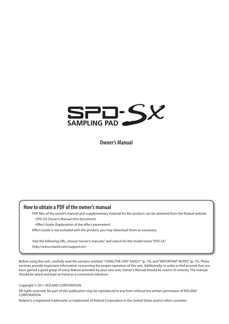How to obtain a pdf of the owner’s manual, Owner’s manual | Roland SPD-SX Sampling Pad with 4GB Internal Memory (Black) User Manual | Page 3 / 80