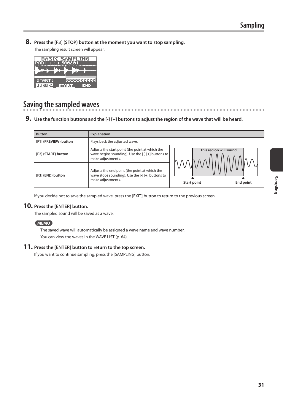 Saving the sampled waves, Sampling | Roland SPD-SX Sampling Pad with 4GB Internal Memory (Black) User Manual | Page 31 / 80