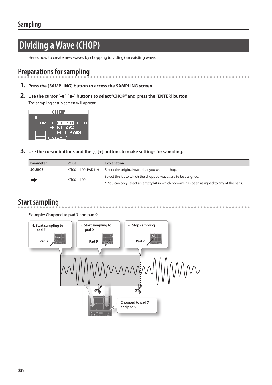 Dividing a wave (chop), P. 36, Preparations for sampling | Start sampling, Sampling | Roland SPD-SX Sampling Pad with 4GB Internal Memory (Black) User Manual | Page 36 / 80