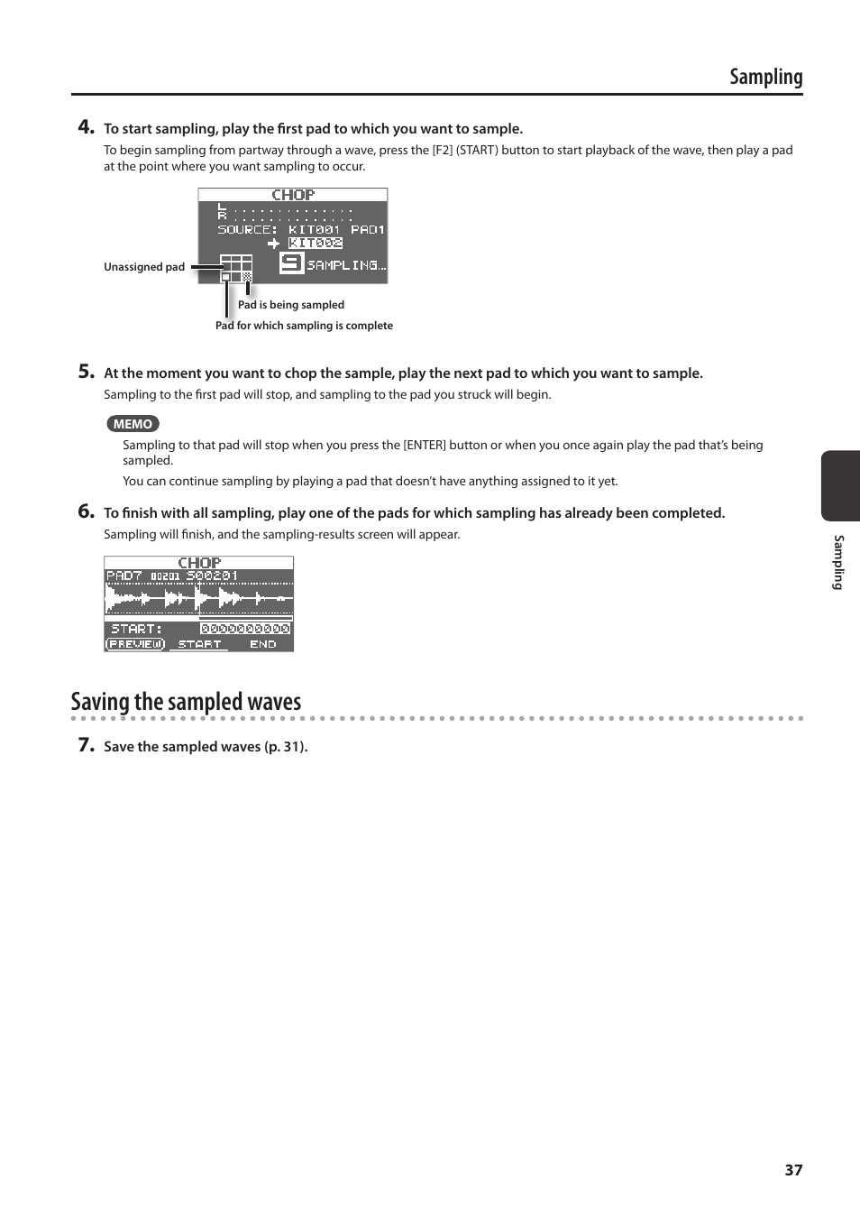 Saving the sampled waves, Sampling | Roland SPD-SX Sampling Pad with 4GB Internal Memory (Black) User Manual | Page 37 / 80