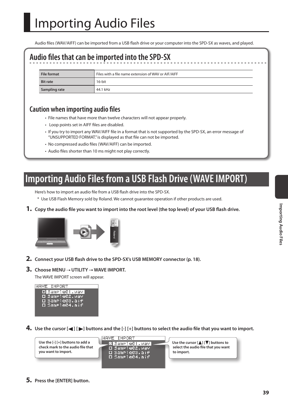 Importing audio files, P. 39, Y them (p. 39) | Importing audio files from a usb flash drive, Wave import), P. 39), Audio files that can be imported into the spd-sx, Caution when importing audio files | Roland SPD-SX Sampling Pad with 4GB Internal Memory (Black) User Manual | Page 39 / 80