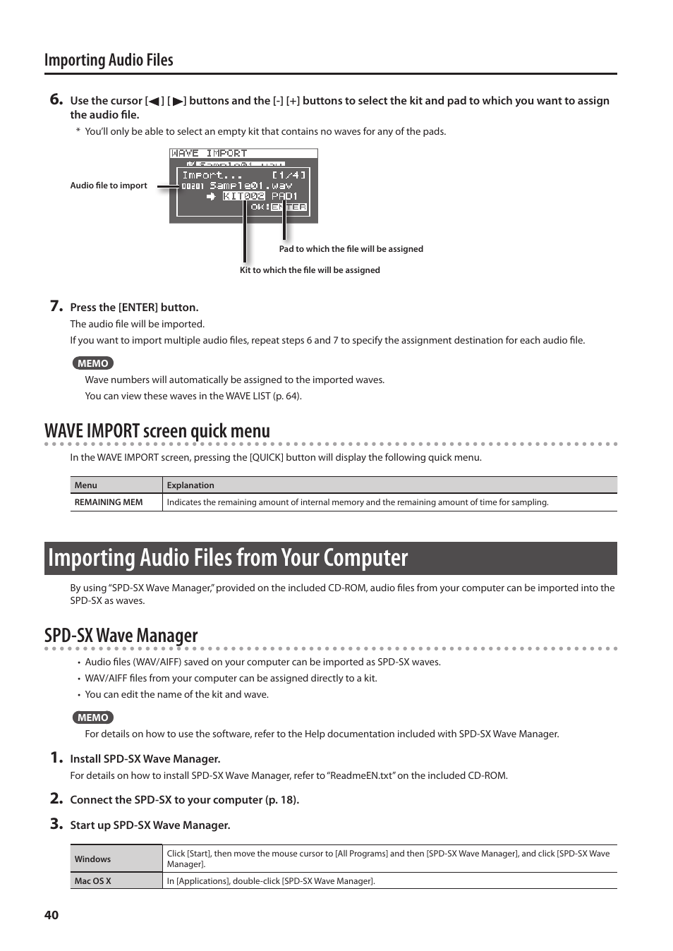 Importing audio files from your computer, T audio files (p, Wave import screen quick menu | Spd-sx wave manager, Importing audio files | Roland SPD-SX Sampling Pad with 4GB Internal Memory (Black) User Manual | Page 40 / 80