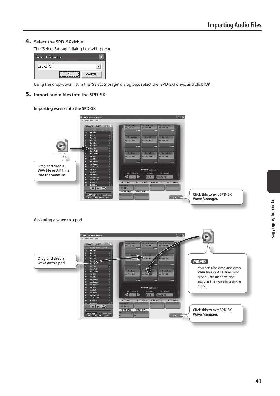 Importing audio files | Roland SPD-SX Sampling Pad with 4GB Internal Memory (Black) User Manual | Page 41 / 80
