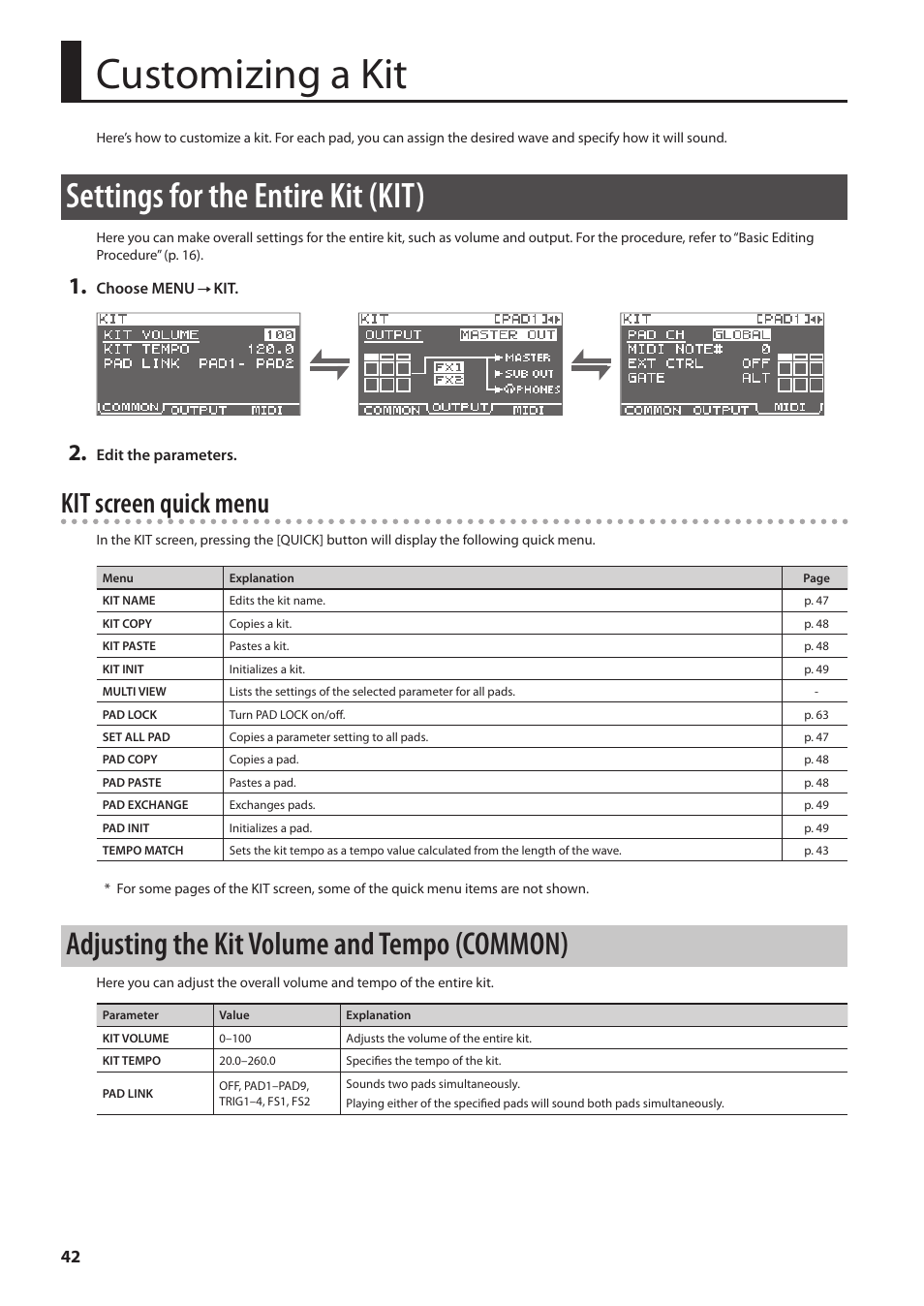 Customizing a kit, Settings for the entire kit (kit), Adjusting the kit volume and tempo (common) | Adjusting the kit volume and tempo, Common), P. 42, Ts (p. 42), Kit screen quick menu | Roland SPD-SX Sampling Pad with 4GB Internal Memory (Black) User Manual | Page 42 / 80