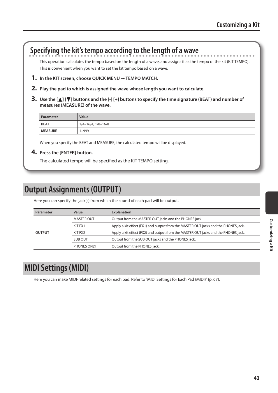 Output assignments (output), Midi settings (midi), Output (p. 43) par | E specified (p. 43), P. 43, Customizing a kit | Roland SPD-SX Sampling Pad with 4GB Internal Memory (Black) User Manual | Page 43 / 80