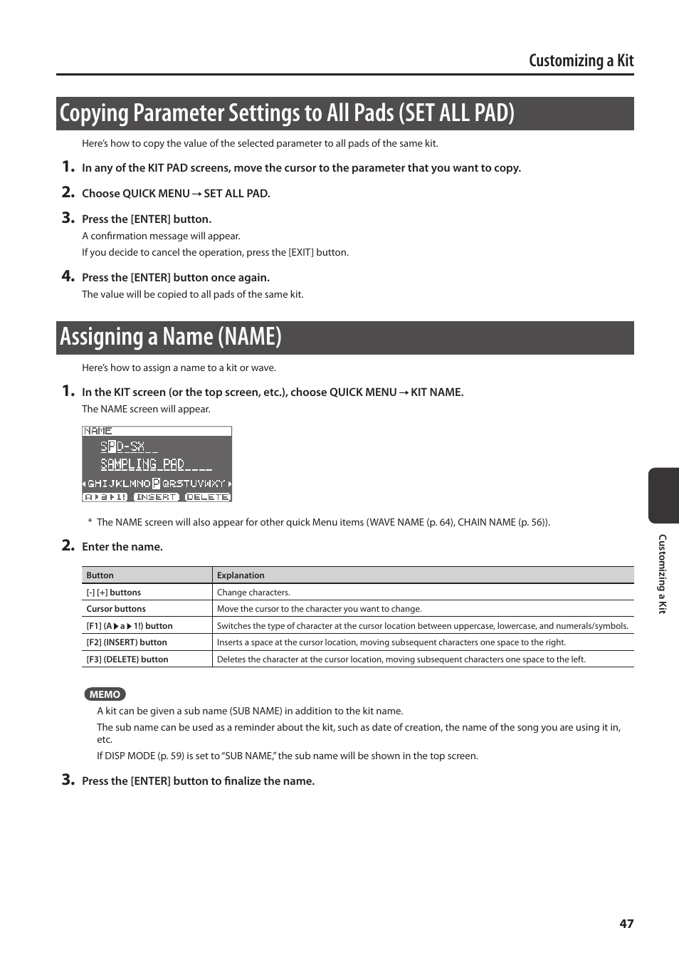 Assigning a name (name), Copying parameter settings to all pads, Set all pad) | P. 47, Customizing a kit | Roland SPD-SX Sampling Pad with 4GB Internal Memory (Black) User Manual | Page 47 / 80