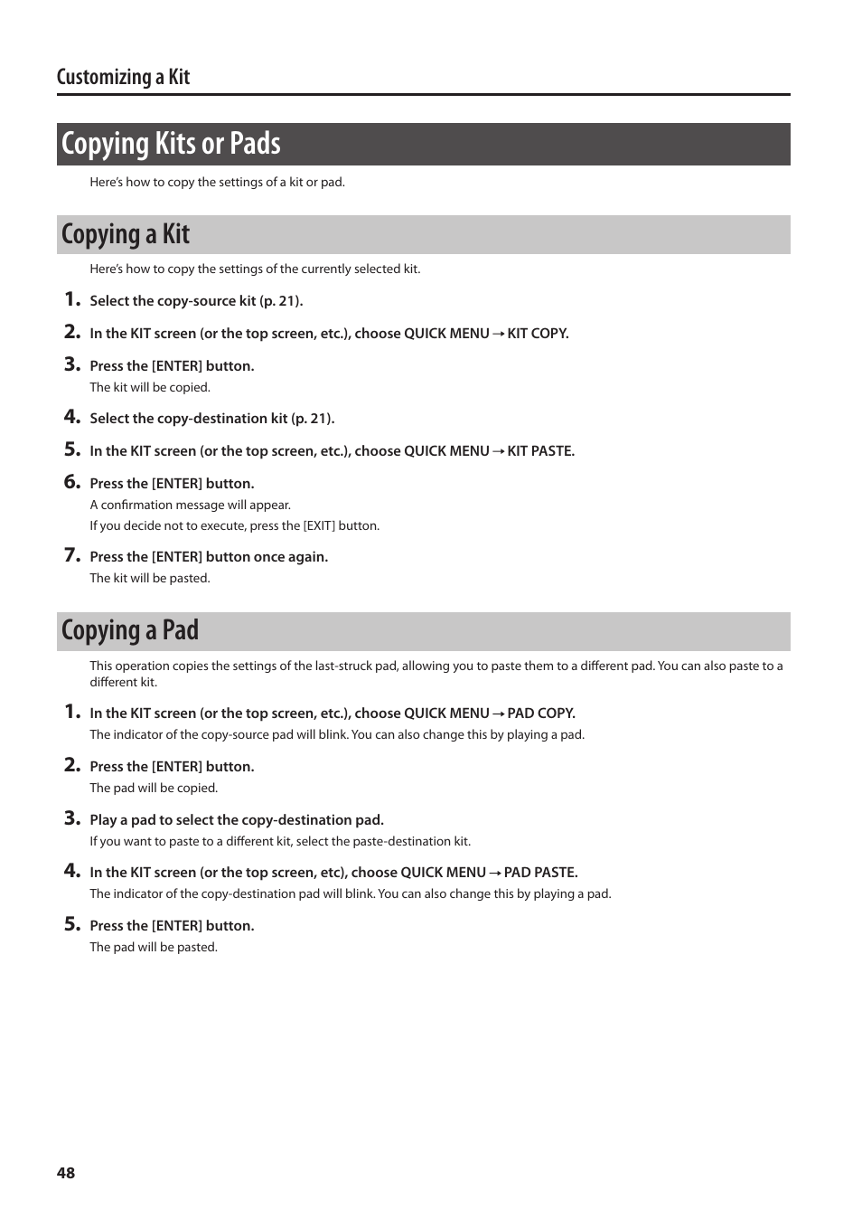 Copying kits or pads, Copying a kit, Copying a pad | P. 48, Customizing a kit | Roland SPD-SX Sampling Pad with 4GB Internal Memory (Black) User Manual | Page 48 / 80