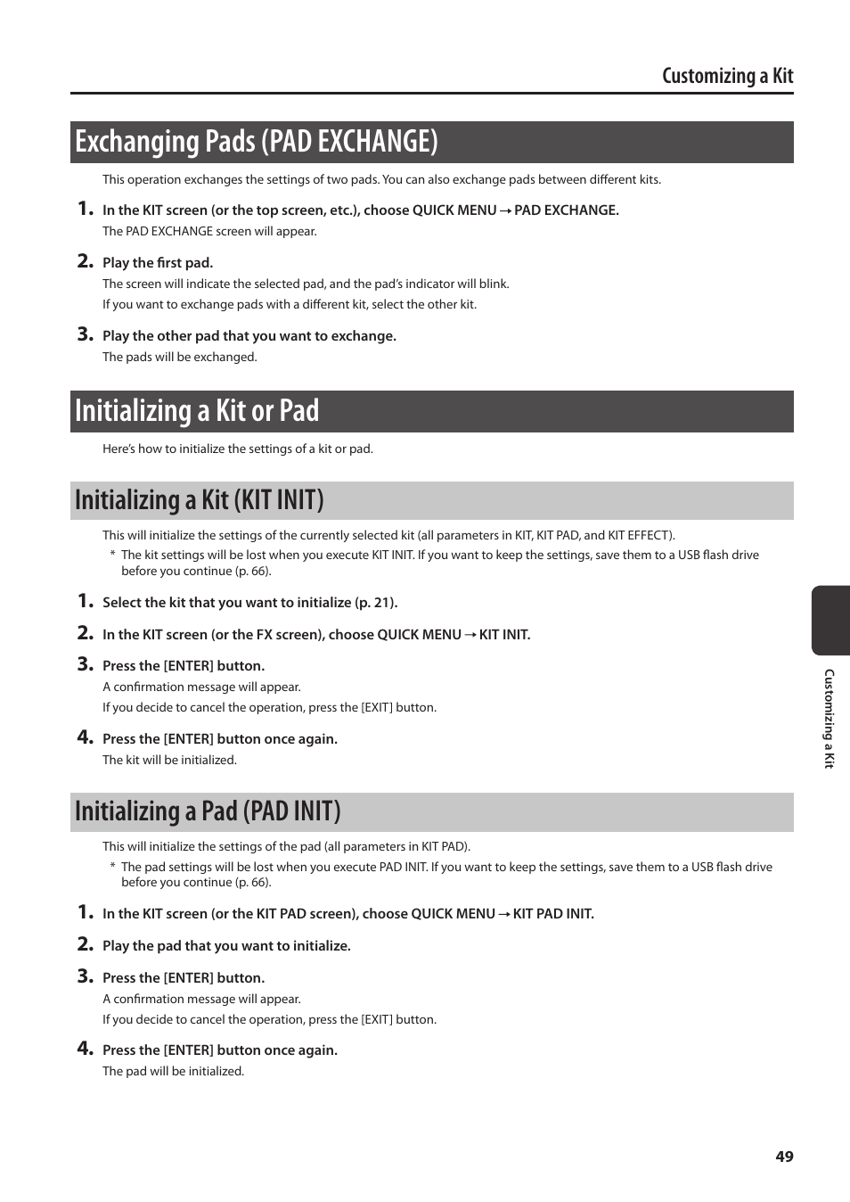 Exchanging pads (pad exchange), Initializing a kit or pad, Initializing a kit (kit init) | Initializing a pad (pad init), P. 49, Customizing a kit | Roland SPD-SX Sampling Pad with 4GB Internal Memory (Black) User Manual | Page 49 / 80