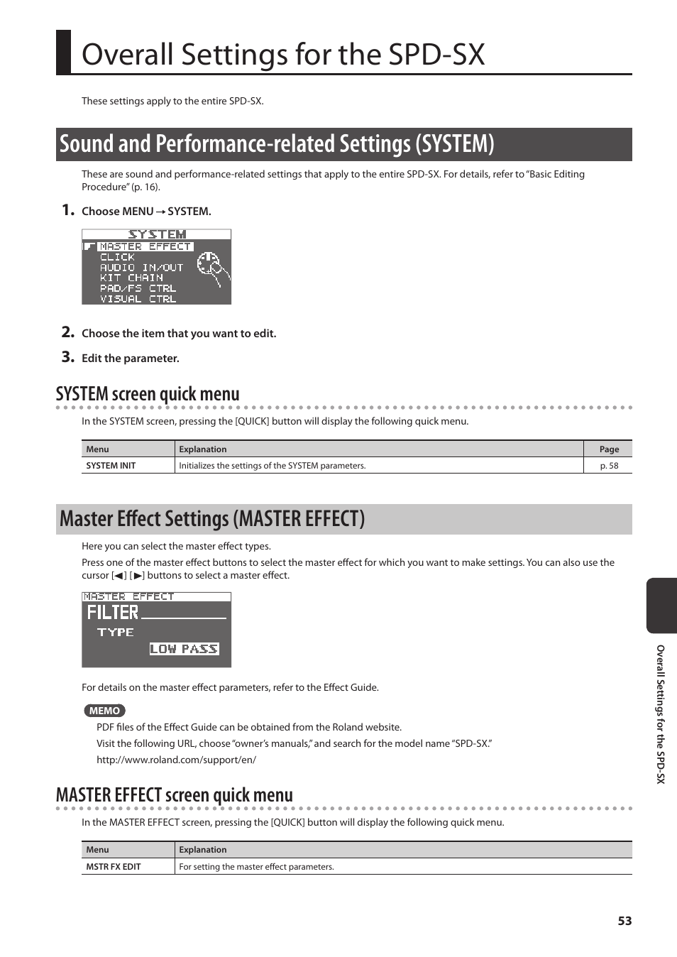 Overall settings for the spd-sx, Sound and performance-related settings (system), Master effect settings (master effect) | P. 53, T (p. 53), System screen quick menu, Master effect screen quick menu | Roland SPD-SX Sampling Pad with 4GB Internal Memory (Black) User Manual | Page 53 / 80