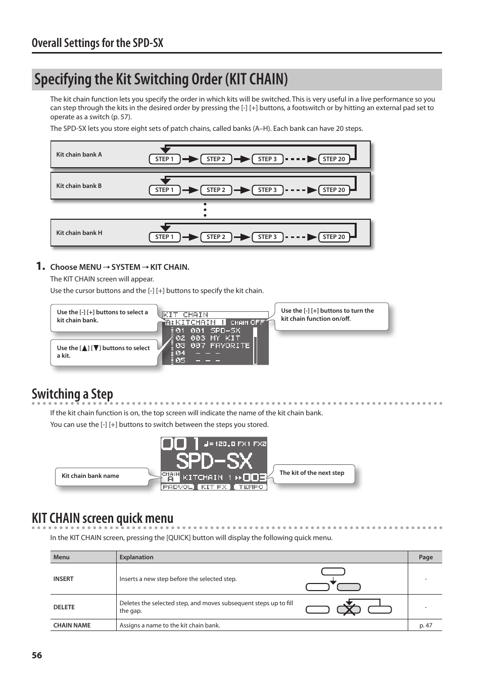 Specifying the kit switching order (kit chain), Specifying the kit switching order, Kit chain) | Th chain (p. 56), P. 56, Switching a step, Kit chain screen quick menu, Overall settings for the spd-sx | Roland SPD-SX Sampling Pad with 4GB Internal Memory (Black) User Manual | Page 56 / 80