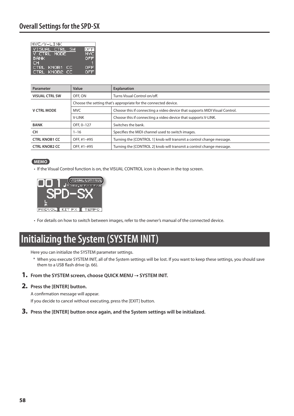 Initializing the system (system init), Overall settings for the spd-sx | Roland SPD-SX Sampling Pad with 4GB Internal Memory (Black) User Manual | Page 58 / 80