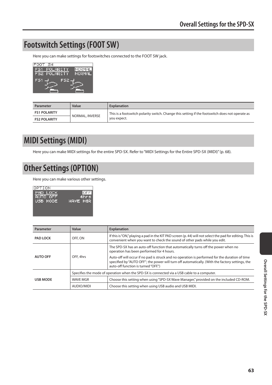Footswitch settings (foot sw), Midi settings (midi), Other settings (option) | P. 63, Overall settings for the spd-sx | Roland SPD-SX Sampling Pad with 4GB Internal Memory (Black) User Manual | Page 63 / 80