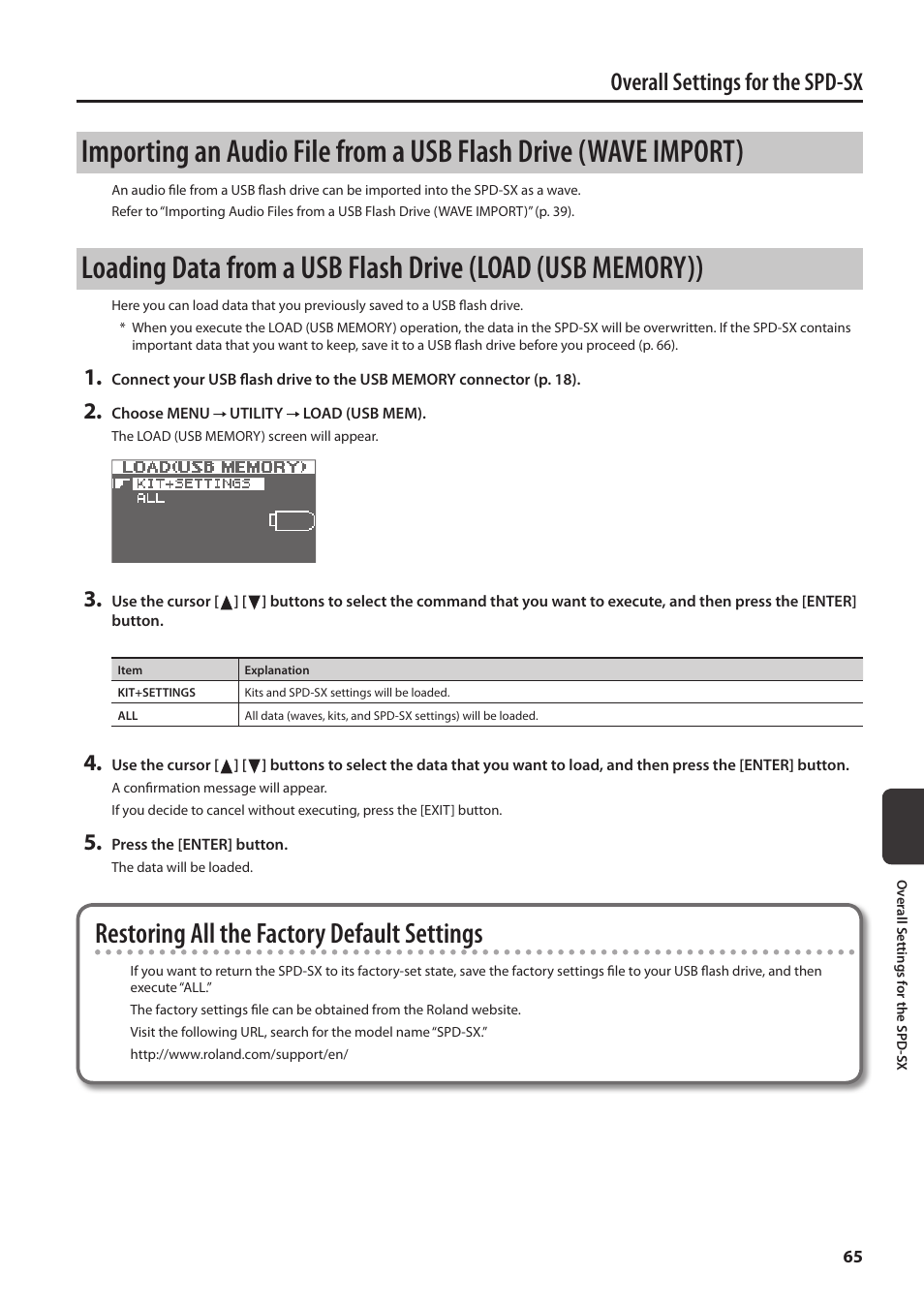 Importing an audio file from a usb flash, Drive (wave import), Loading data from a usb flash drive | Load (usb memory)), Restoring all the factory default settings, Overall settings for the spd-sx | Roland SPD-SX Sampling Pad with 4GB Internal Memory (Black) User Manual | Page 65 / 80