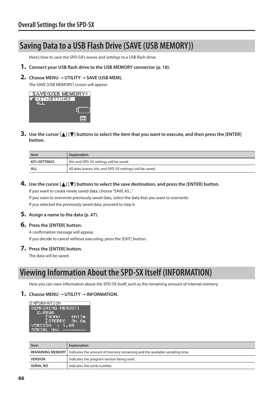 Saving data to a usb flash drive, Save (usb memory)), Viewing information about the spd-sx itself | Information), E (p. 66), Emains (p. 66), Tinue (p. 66), Overall settings for the spd-sx | Roland SPD-SX Sampling Pad with 4GB Internal Memory (Black) User Manual | Page 66 / 80