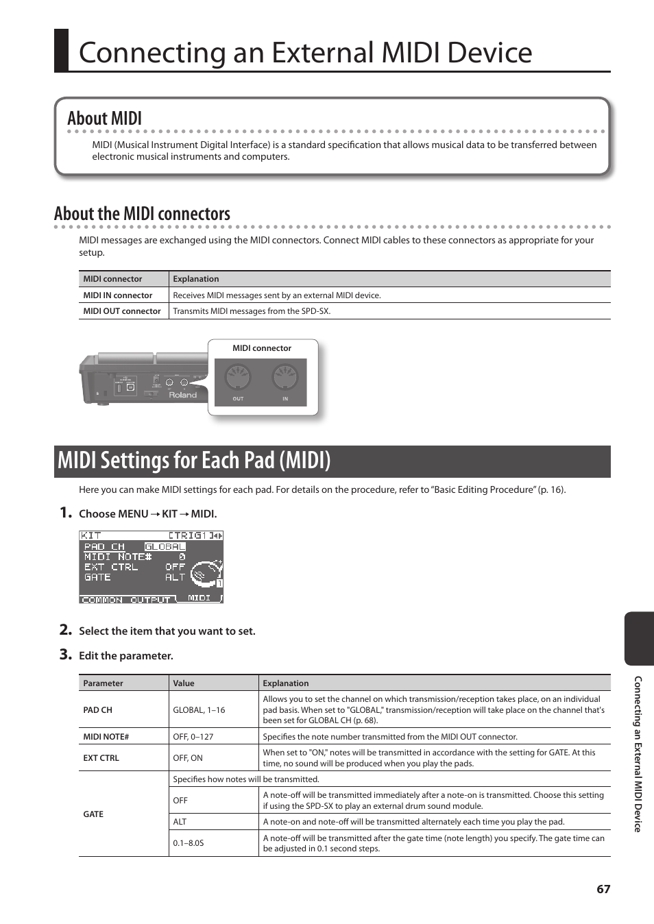 Connecting an external midi device, Midi settings for each pad (midi), E (p. 67) | About midi, About the midi connectors | Roland SPD-SX Sampling Pad with 4GB Internal Memory (Black) User Manual | Page 67 / 80