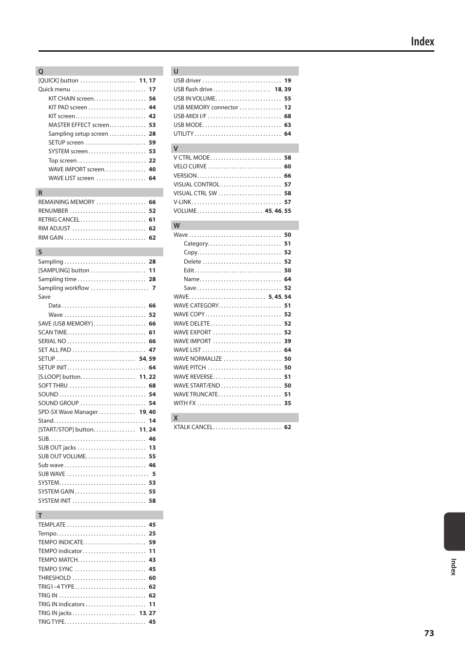 Index | Roland SPD-SX Sampling Pad with 4GB Internal Memory (Black) User Manual | Page 73 / 80