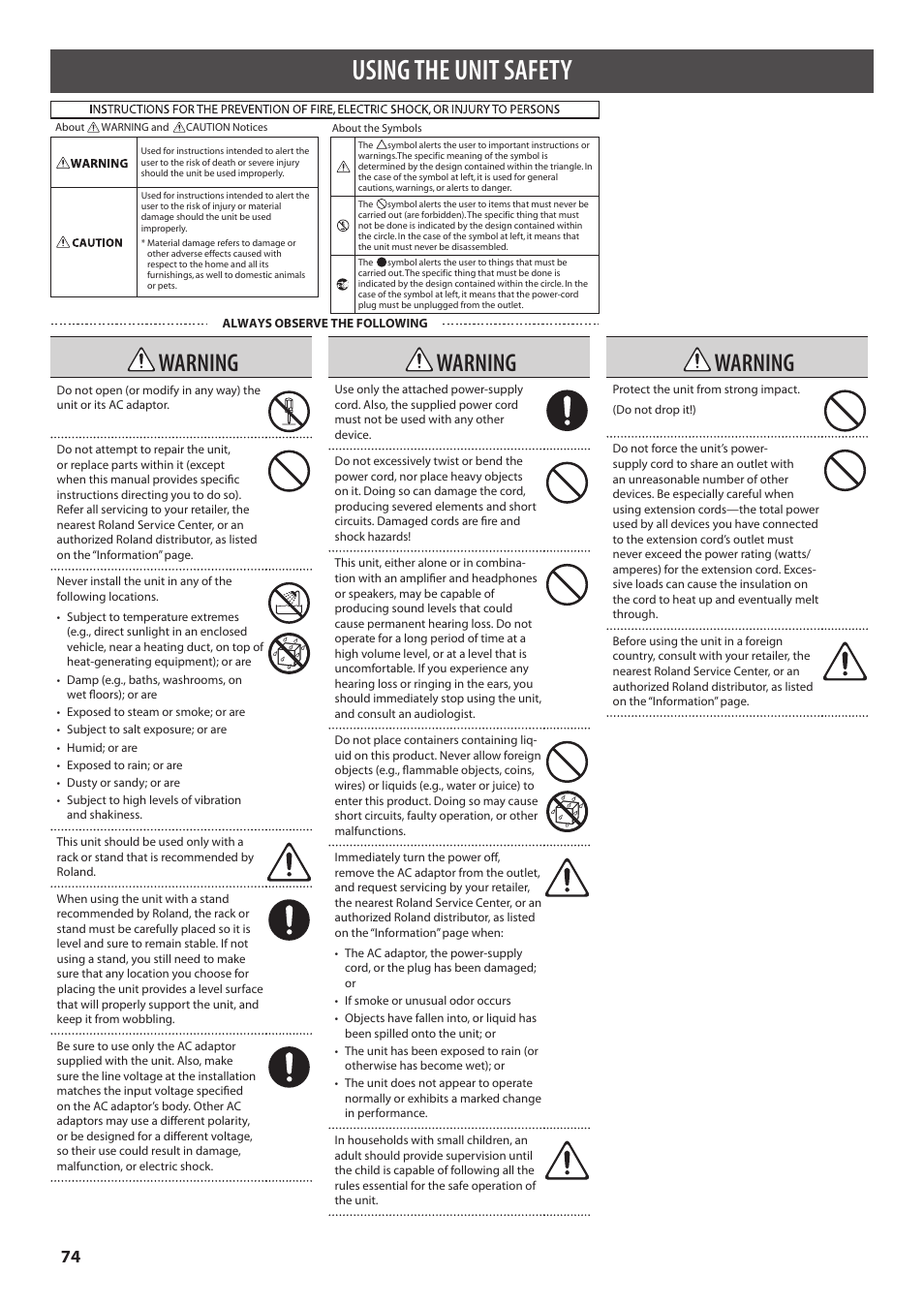 Using the unit safety, Warning | Roland SPD-SX Sampling Pad with 4GB Internal Memory (Black) User Manual | Page 74 / 80