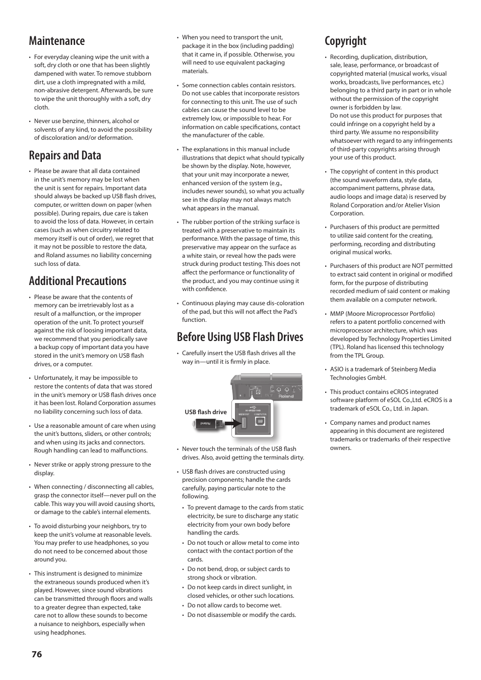 Maintenance, Repairs and data, Additional precautions | Before using usb flash drives, Copyright | Roland SPD-SX Sampling Pad with 4GB Internal Memory (Black) User Manual | Page 76 / 80