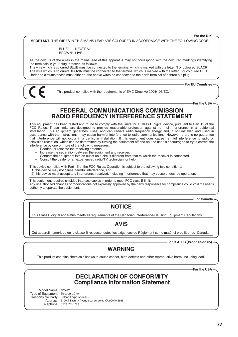 Notice avis, Warning | Roland SPD-SX Sampling Pad with 4GB Internal Memory (Black) User Manual | Page 77 / 80