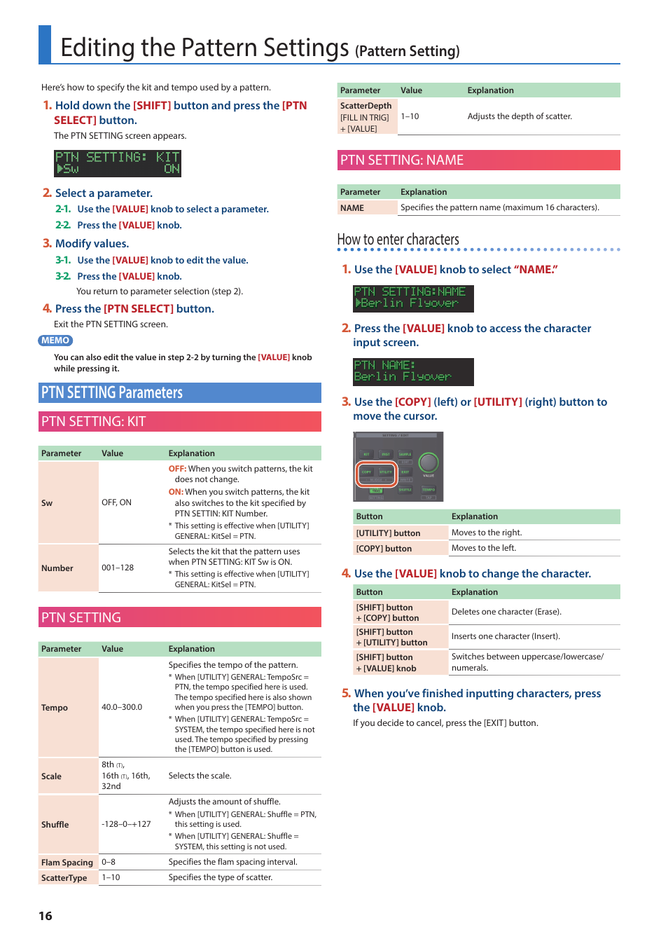 Editing the pattern settings (pattern setting), Ptn setting parameters, Editing the pattern settings | Pattern setting), How to enter characters, Ptn setting: kit, Ptn setting, Ptn setting: name | Roland AIRA TR-6S Rhythm Performer User Manual | Page 16 / 39