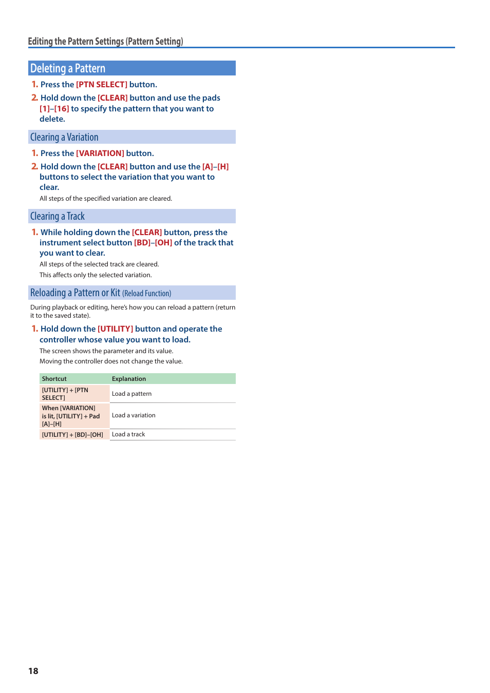 Deleting a pattern, Clearing a variation, Clearing a track | Reloading a pattern or kit (reload function), Reloading a pattern or kit, Reload function), Editing the pattern settings (pattern setting) | Roland AIRA TR-6S Rhythm Performer User Manual | Page 18 / 39