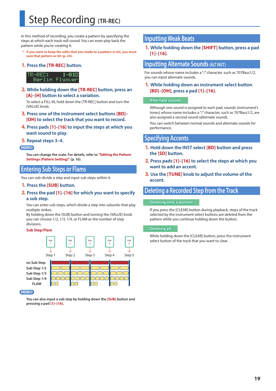 Step recording (tr-rec), Entering sub steps or flams, Inputting weak beats | Inputting alternate sounds (alt inst), Specifying accents, Deleting a recorded step from the track, Step recording, Tr-rec), Inputting alternate sounds, Alt inst) | Roland AIRA TR-6S Rhythm Performer User Manual | Page 19 / 39