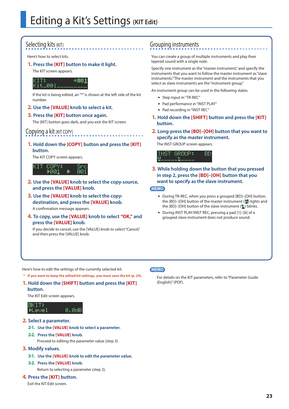 Editing a kit’s settings (kit edit), Editing a kit’s settings, Kit edit) | Selecting kits, Copying a kit, Grouping instruments | Roland AIRA TR-6S Rhythm Performer User Manual | Page 23 / 39