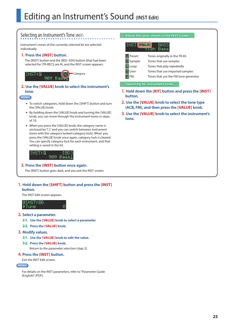 Editing an instrument’s sound (inst edit), Editing an instrument’s sound, Inst edit) | Selecting an instrument’s tone | Roland AIRA TR-6S Rhythm Performer User Manual | Page 25 / 39