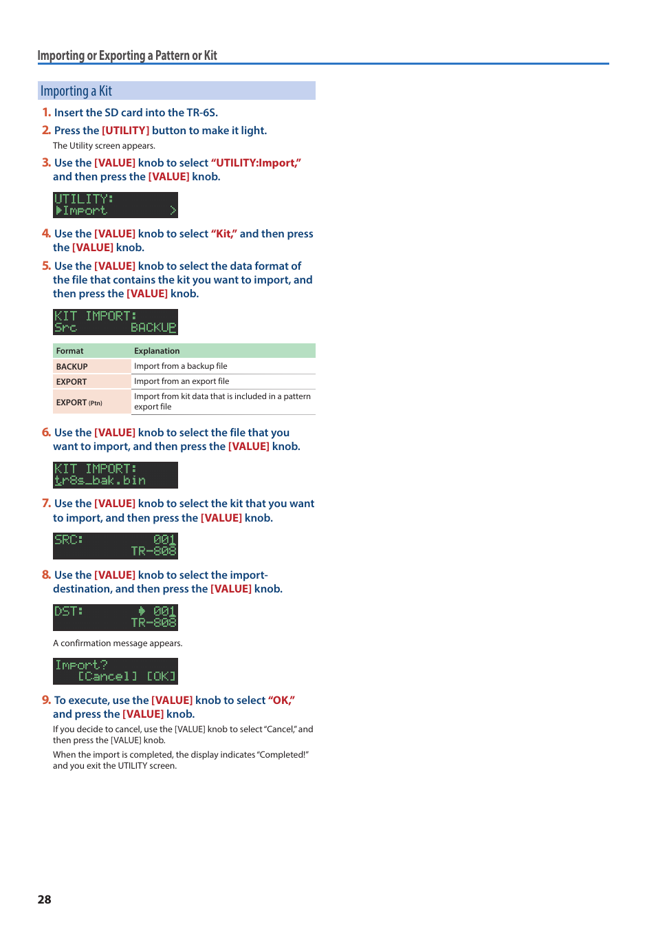 Importing a kit, Importing or exporting a pattern or kit | Roland AIRA TR-6S Rhythm Performer User Manual | Page 28 / 39