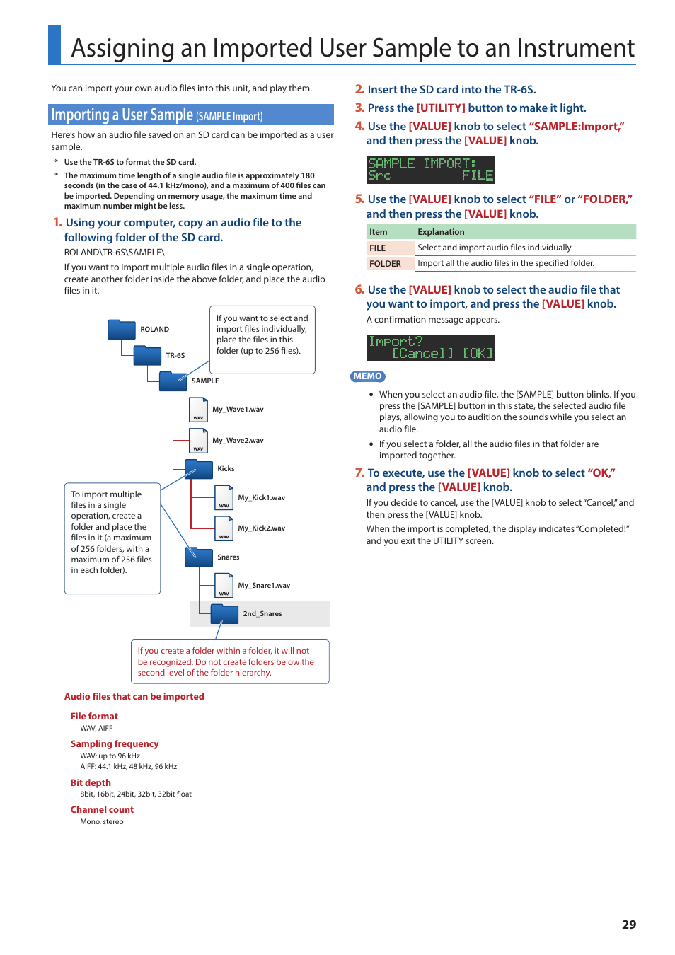 Assigning an imported user sample to an instrument, Importing a user sample (sample import), Assigning an imported user sample to an | Instrument, Importing a user sample, Sample import) | Roland AIRA TR-6S Rhythm Performer User Manual | Page 29 / 39