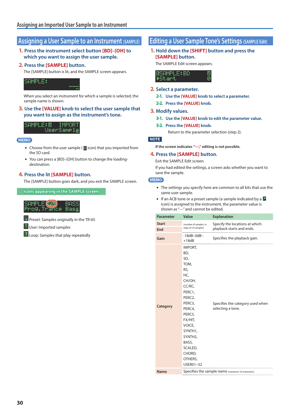 Assigning a user sample to an instrument (sample), Assigning a user sample to an instrument, Sample) | Editing a user sample tone’s settings, Sample edit), Assigning an imported user sample to an instrument | Roland AIRA TR-6S Rhythm Performer User Manual | Page 30 / 39