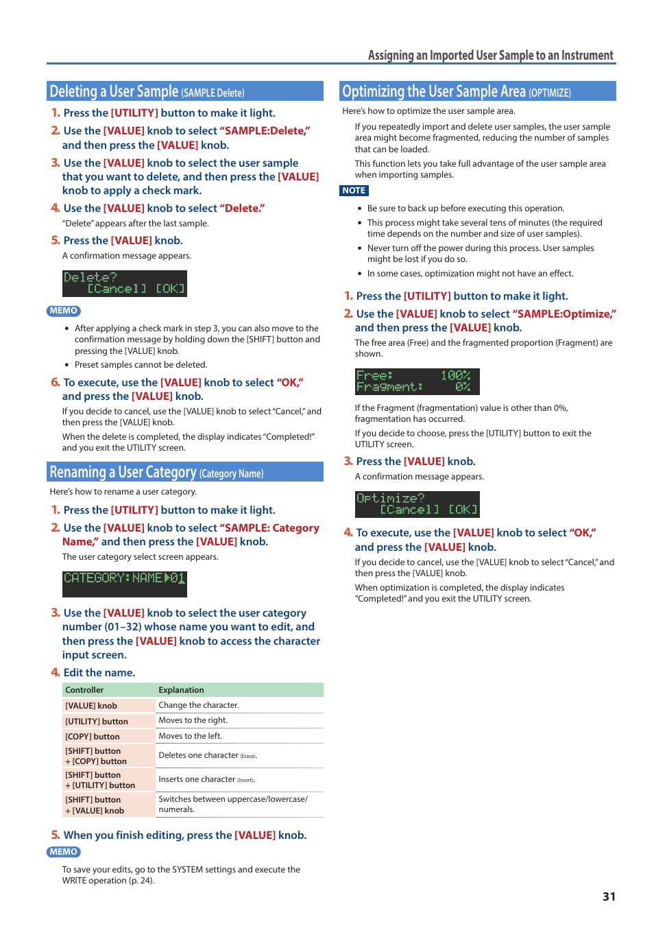 Deleting a user sample (sample delete), Renaming a user category (category name), Optimizing the user sample area (optimize) | Deleting a user sample, Sample delete), Renaming a user category, Category name), Optimizing the user sample area, Optimize), Assigning an imported user sample to an instrument | Roland AIRA TR-6S Rhythm Performer User Manual | Page 31 / 39