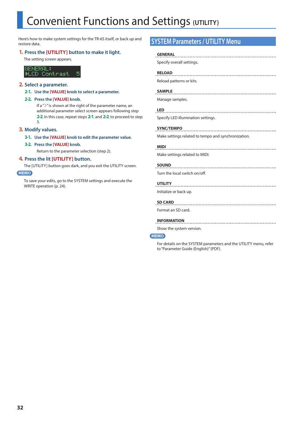 Convenient functions and settings (utility), System parameters / utility menu, Convenient functions and settings | Utility) | Roland AIRA TR-6S Rhythm Performer User Manual | Page 32 / 39