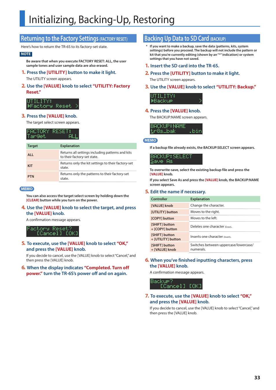 Initializing, backing-up, restoring, Returning to the factory settings (factory reset), Backing up data to sd card (backup) | Returning to the factory settings, Factory reset), Backing up data to sd card, Backup) | Roland AIRA TR-6S Rhythm Performer User Manual | Page 33 / 39