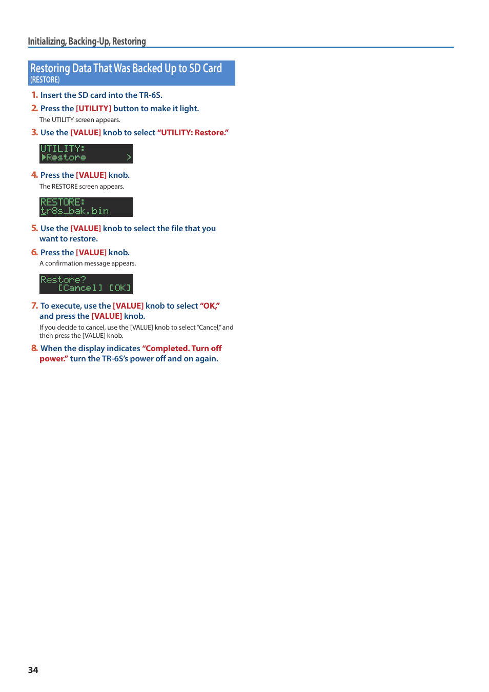 Restoring data that was backed up to sd card, Restore), Initializing, backing-up, restoring | Roland AIRA TR-6S Rhythm Performer User Manual | Page 34 / 39