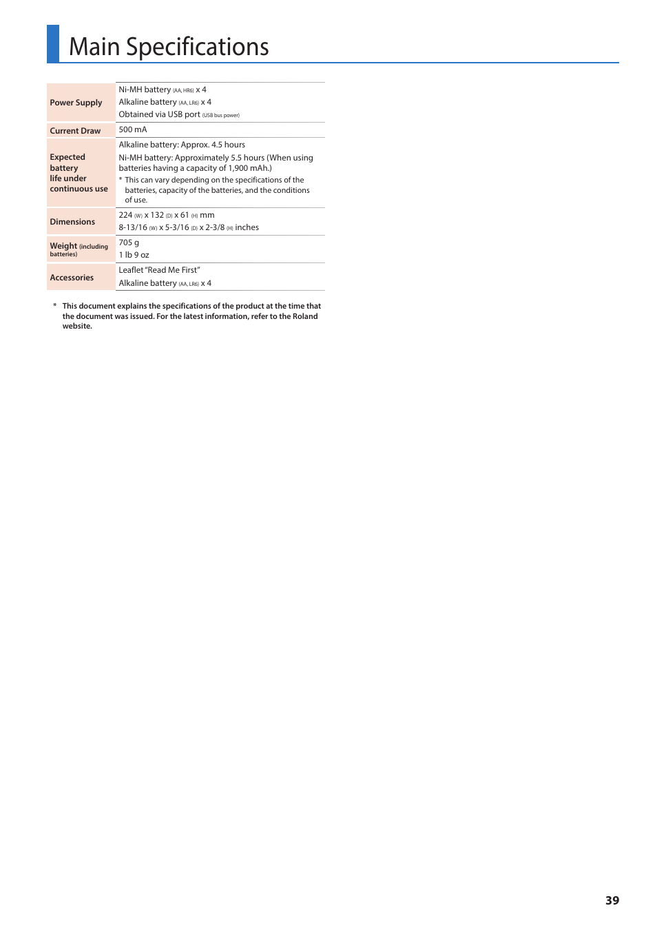 Main specifications | Roland AIRA TR-6S Rhythm Performer User Manual | Page 39 / 39